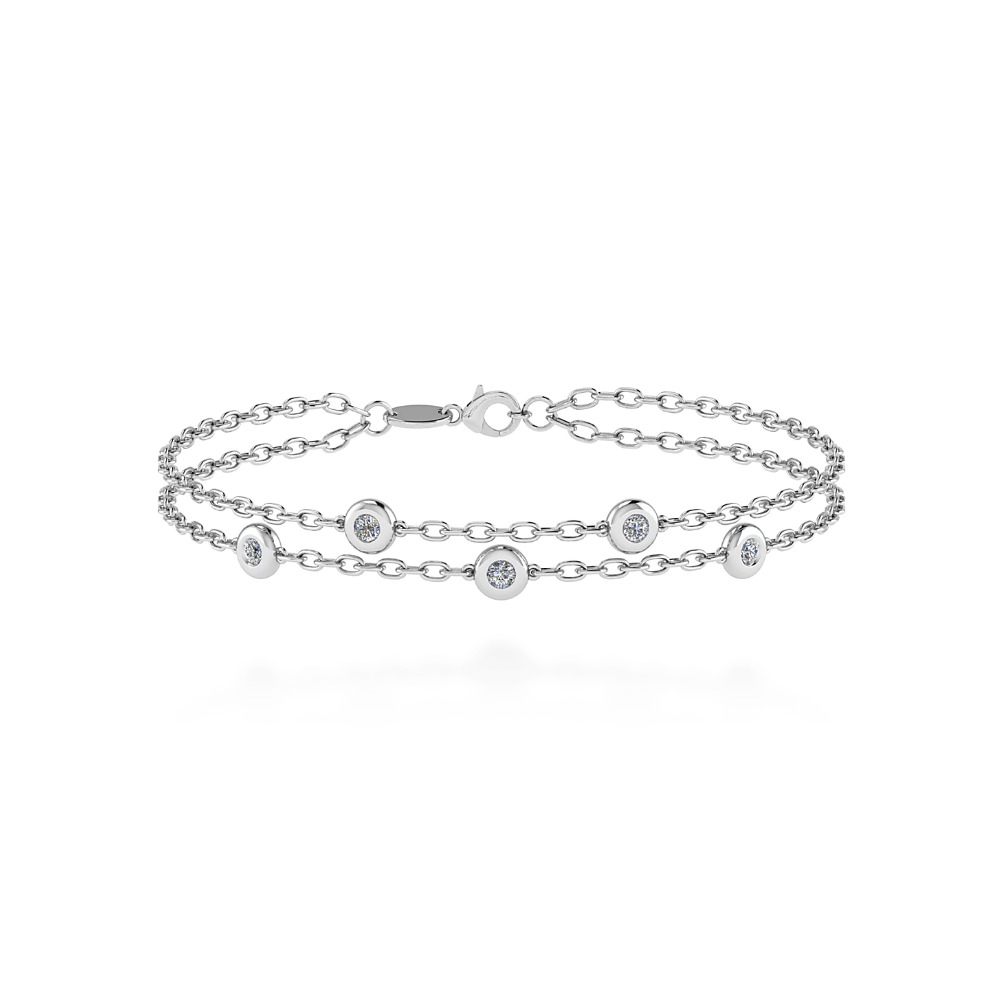 Bracciale diamanti Cipolline 2 fili con 5 diamanti naturali taglio brillante ad incastonatura a cipollina con doppia catena realizzato in oro 18 k bianco certificato IGI Anversa.
