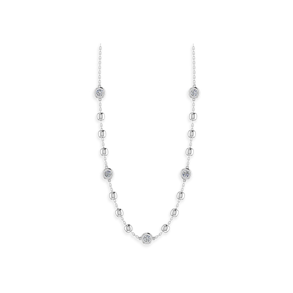 Collana diamanti Cipolline Boules con cinque diamanti naturali taglio brillante in castoni a cipollina e perline in oro, realizzata in oro bianco 18 k - Collana certificata IGI Anversa.