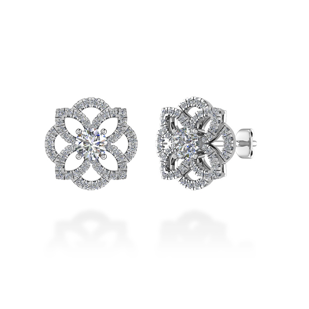 Orecchini fiore diamanti Fleuris, con brillanti centrali e micro pavé fiore stilizzato, realizzati in oro bianco 18 k e certificati IGI Anversa