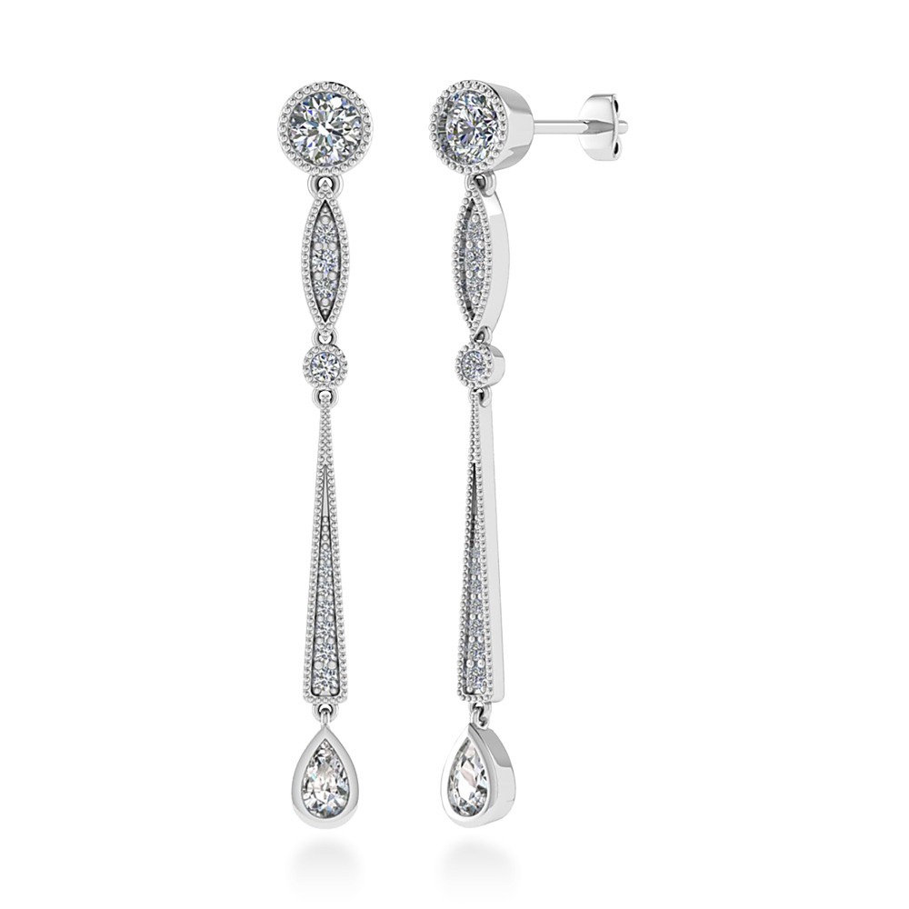 Orecchini pendenti diamanti Flaubert in stile vintage - Certificati IGI Anversa - Con diamanti naturali taglio brillante, taglio goccia e pavé di brillanti, in oro bianco 18 k