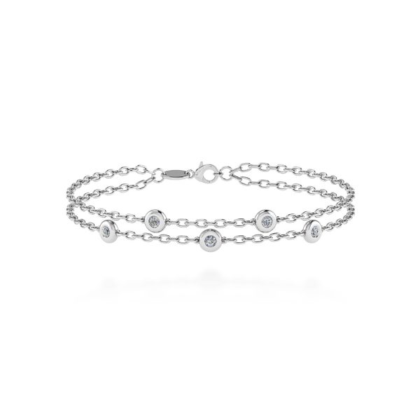 Bracciale diamanti Cipolline 2 fili con 5 diamanti naturali taglio brillante ad incastonatura a cipollina con doppia catena realizzato in oro 18 k bianco certificato IGI Anversa.