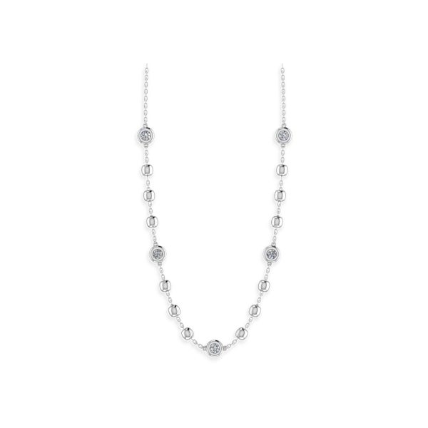 Collana diamanti Cipolline Boules con cinque diamanti naturali taglio brillante in castoni a cipollina e perline in oro, realizzata in oro bianco 18 k - Collana certificata IGI Anversa.