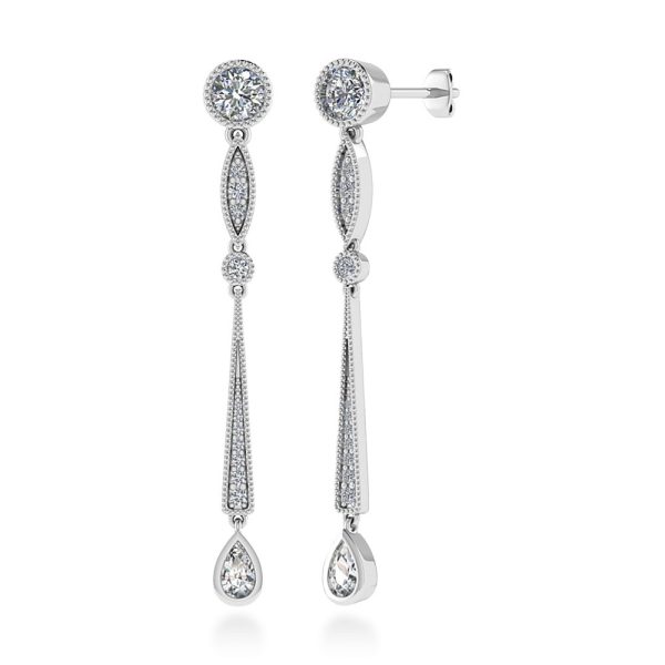 Orecchini pendenti diamanti Flaubert in stile vintage - Certificati IGI Anversa - Con diamanti naturali taglio brillante, taglio goccia e pavé di brillanti, in oro bianco 18 k